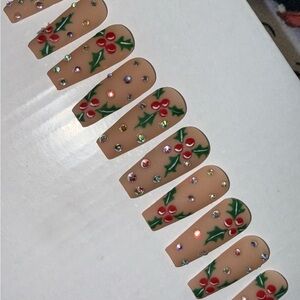 Festive Holiday Nail Set with Rhinestones